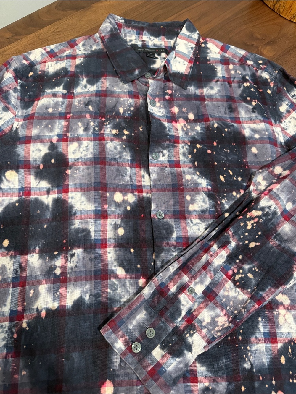 John Varvatos Men's Plaid Button-Up Shirt in Navy/Red with Bleach Effect